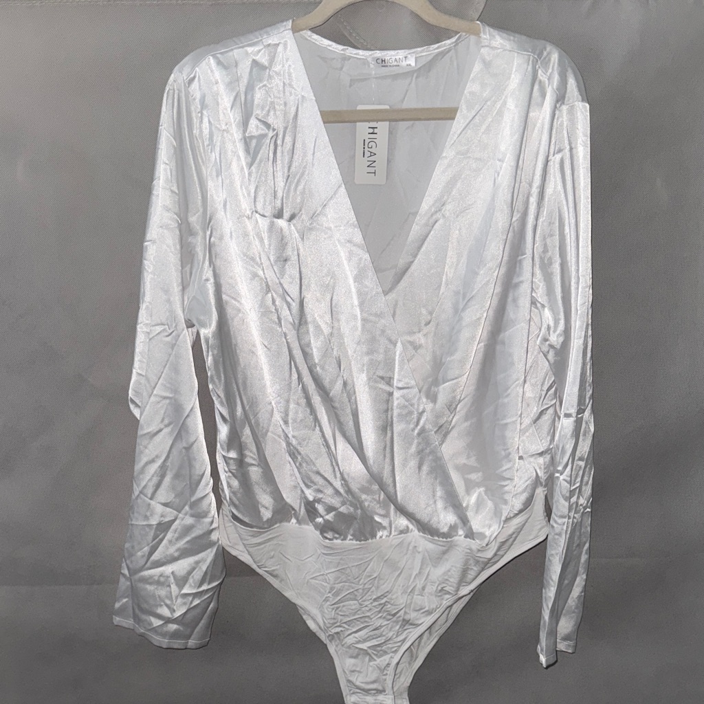 Chignant Women's Satin White V-Neck Wrap Bodysuit